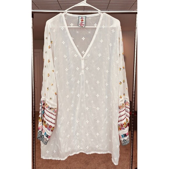 Johnny Was Tops - Johnny Was Eyelet Sheer Floral Flower Embroidered Long Sleeve Tunic Blouse Sz XL